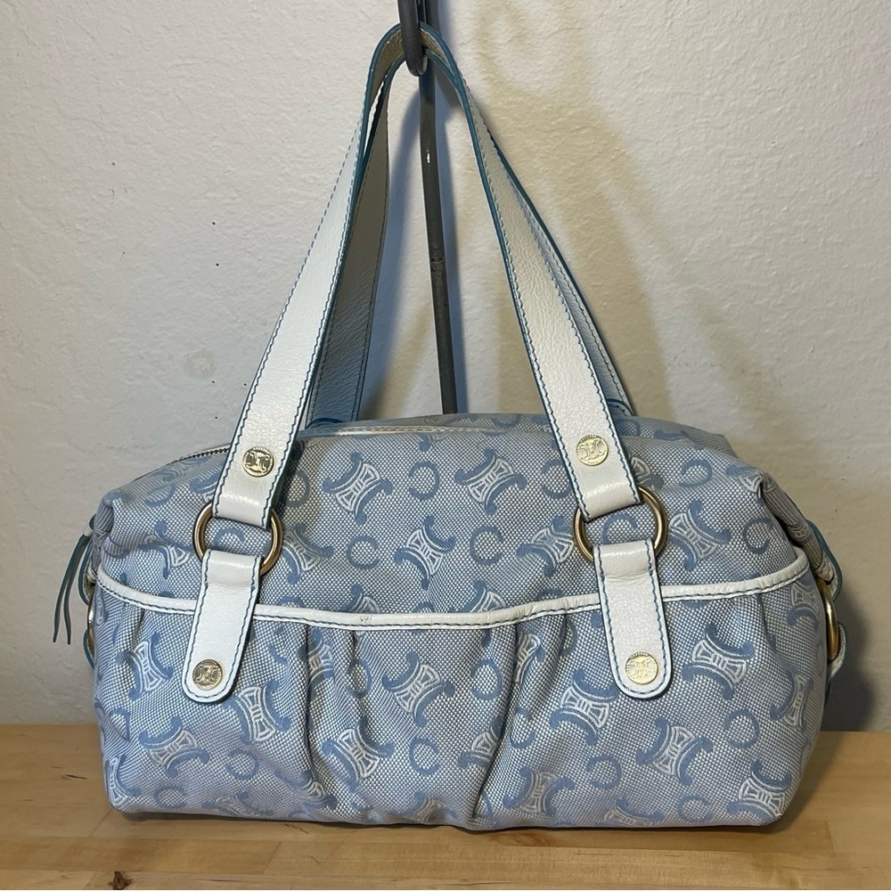 Vintage Celine Blue Macadam Canvas & Leather Shoulder Bag